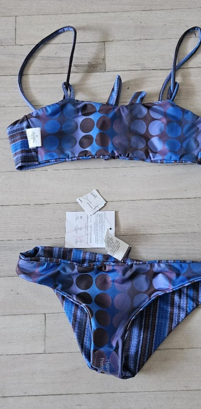 Reversible Blue & Brown Striped/ Blue & Brown Dot Girls' Two-Piece Swim Bikini